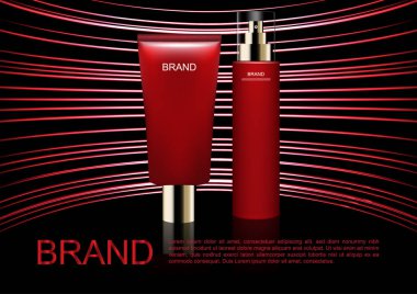 Kozmetik reklam şablonunun, koyu arka plan üzerinde eğri çizgiler ile serum