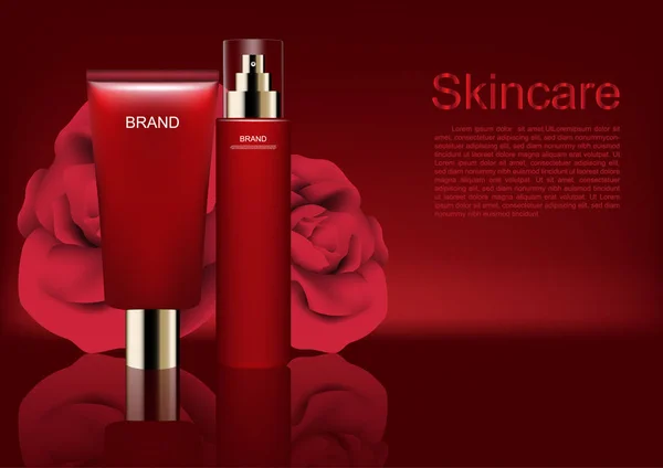 Zestaw Kosmetyczny Reklamy Szablonu Kosmetycznych Czerwonych Róż Uroczy — Wektor stockowy