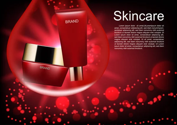 Su damla ve kırmızı kabarcıkları kozmetik reklamları şablonu, kozmetik