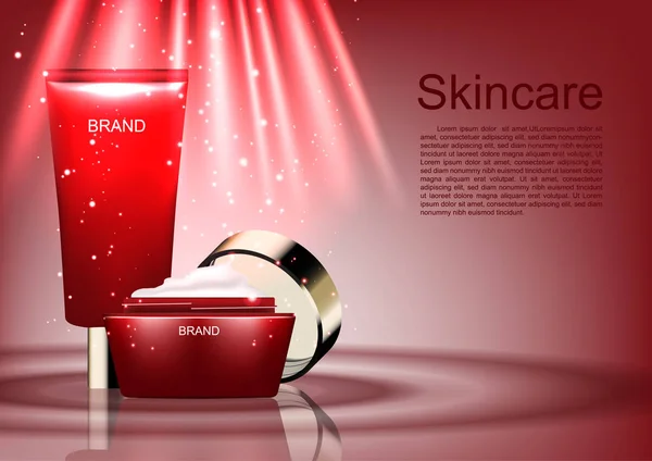Modello Annunci Cosmetici Set Cosmetico Con Luce Rossa Brillante Scintillante — Vettoriale Stock
