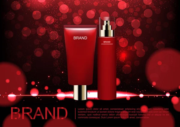 化粧品の広告テンプレート 赤のボケと小さなキラキラ光暗い背景にセット化粧品 — ストックベクタ