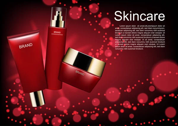 Kosmetycznych Reklam Szablonu Czerwony Kosmetyk Zestaw Mały Pęcherzyk Ciemnym Tle — Wektor stockowy