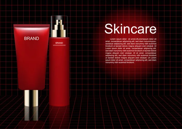 化粧品の広告テンプレート 赤いテーブルのセル背景コンセプト化粧品クリーム — ストックベクタ