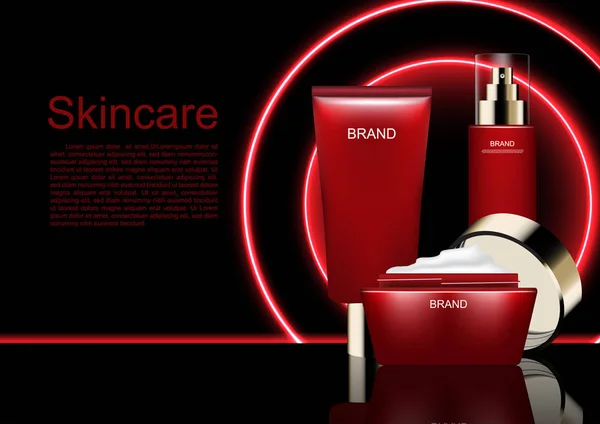 Modello Annunci Cosmetici Set Cosmetico Con Luce Orizzontale Rossa Due — Vettoriale Stock
