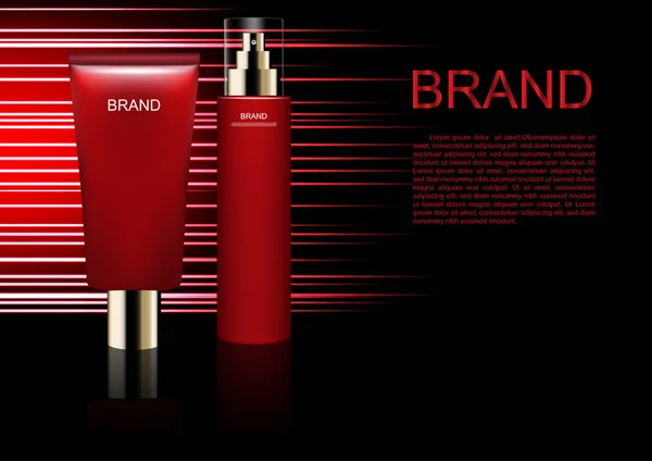 Kozmetik reklam şablonunun, serum ve koyu arka plan üzerinde yatay çizgiler ile losyon