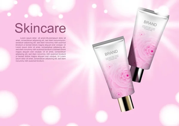 Anuncios Cosméticos Vectoriales Producto Hidratante Camelia Rosa Con Luz Brillante — Vector de stock