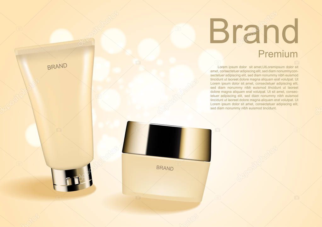 Cosmetic ads template, facial foam and night cream on white bubble lights and beige background