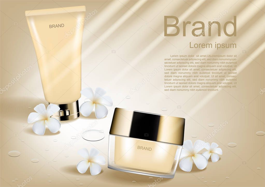 Skincare set with tiny white flowers and shining light