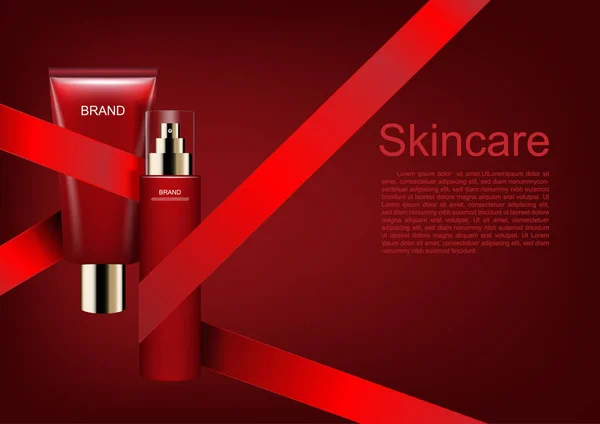 Kozmetikai Hirdetések Sablon Bőrápoló Készlet Piros Háttéren Piros Szalagok — Stock Vector