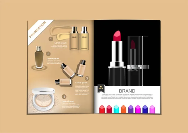 Magazine Fond Teint Beige Presse Poudre Avec Modèle Rouge Lèvres — Image vectorielle