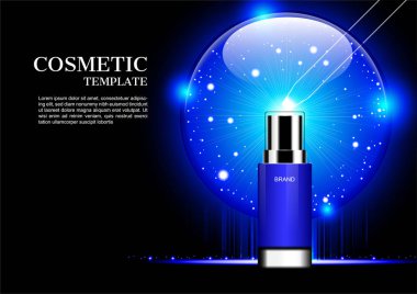 Kozmetik reklamları, serum topu ve küçük ışıklar koyu arka plan üzerinde parlayan mavi
