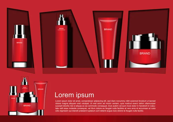 Kırmızı zemin üzerine geometrik duvarda dört kozmetik ürünleri
