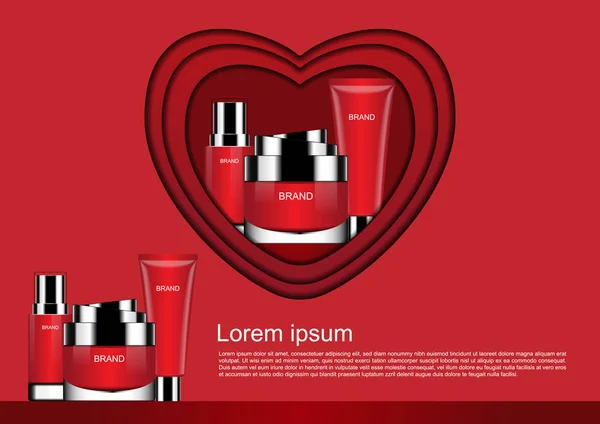 Rött Tema Kosmetiska Produkter Med Hjärta Form Och Mall — Stock vektor