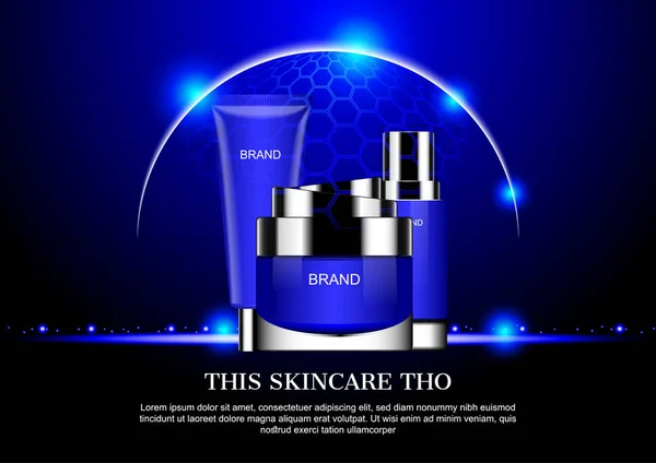 Kozmetik kümesiyle soyut yarım daire hafif şekli ve mavi parlayan ışıklar