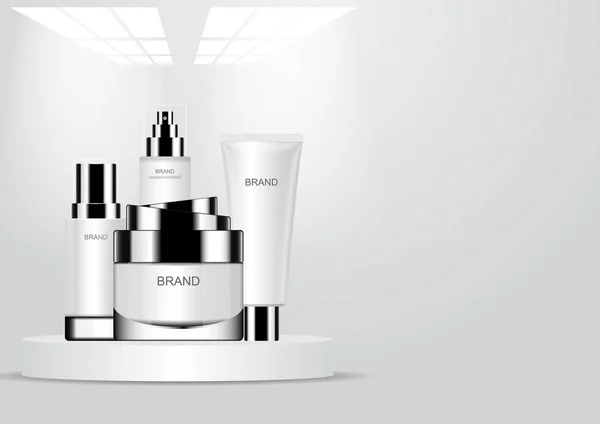 Zestaw Kosmetyczny Białym Stanąć Rozmycie Światła Sufitu Wektor Kosmetycznych Reklam — Wektor stockowy