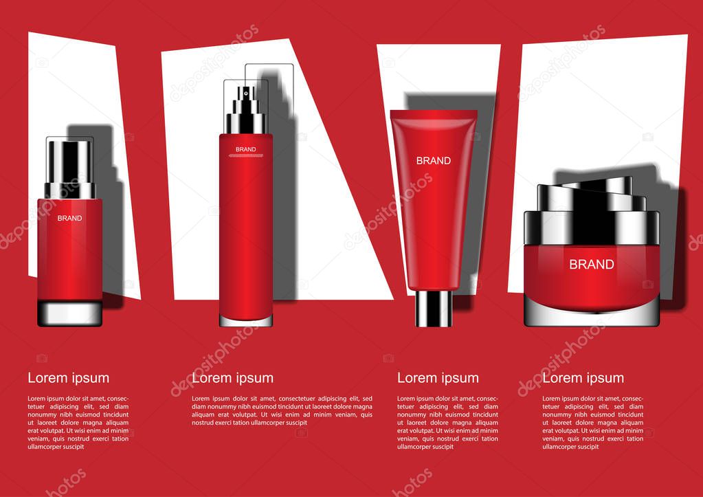 Four cosmetic products with template on geometric background, red theme