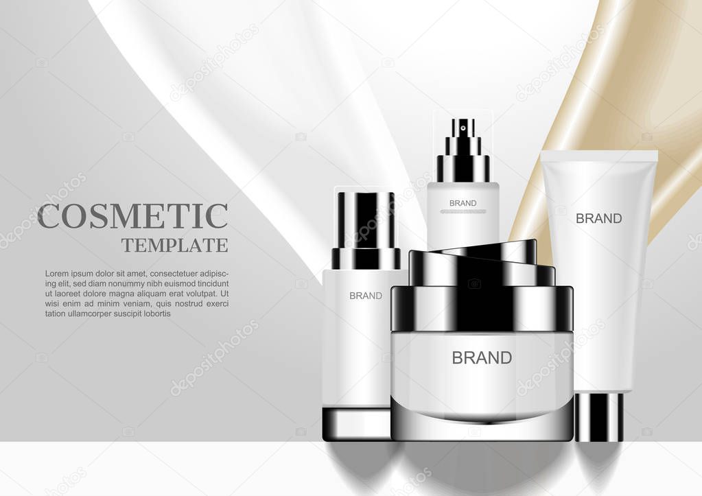 Cosmetic set with pouring milk and liquid gold background, vector cosmetic ads mockups