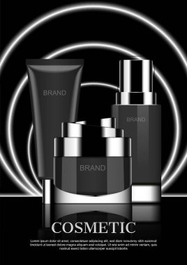 Kozmetik ürün ile üç daire neon ışık siyah backgro