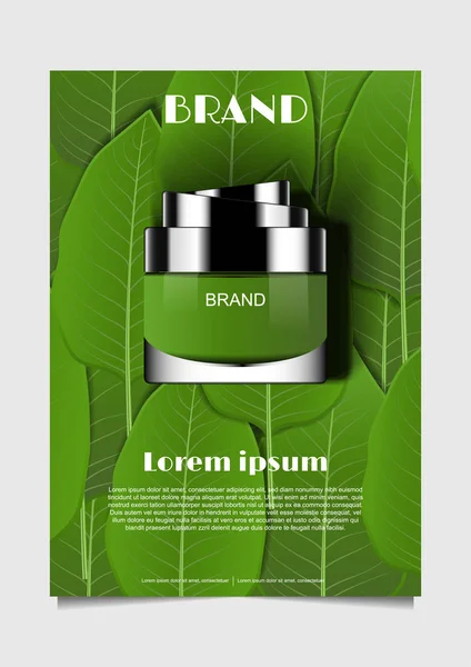Hidratante con hojas verdes vector de fondo cosmético ad desi — Vector de stock
