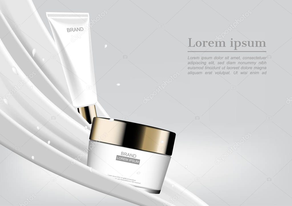 Vector cosmetic ads, serum and moisturizer with pouring milk on white background