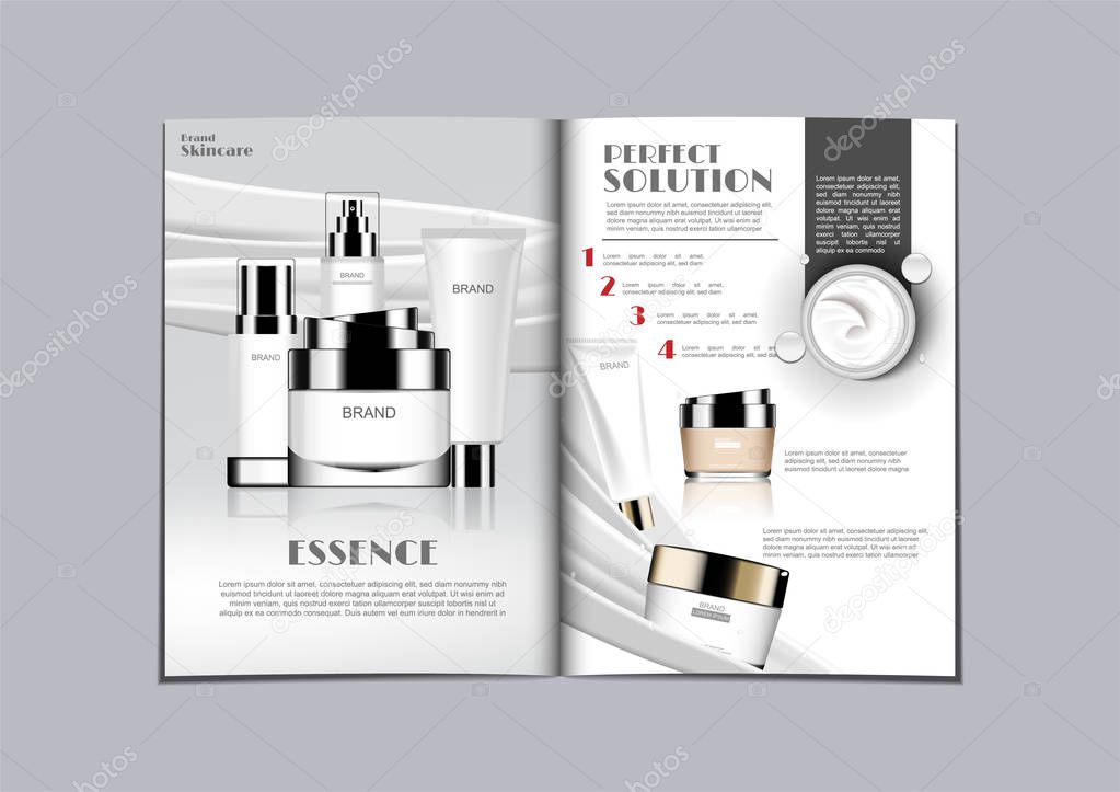 Magazine of skin care set on the left and cream with ingredients and information on the right