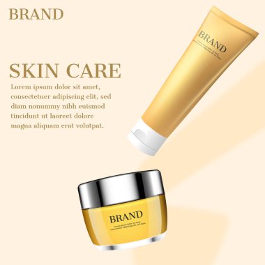 Cilt reklamları, bej arka planda kozmetik ürünleri