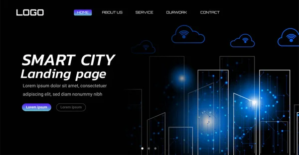 Landing Page Website Smart City Circuit Glowing Light — Stock Vector
