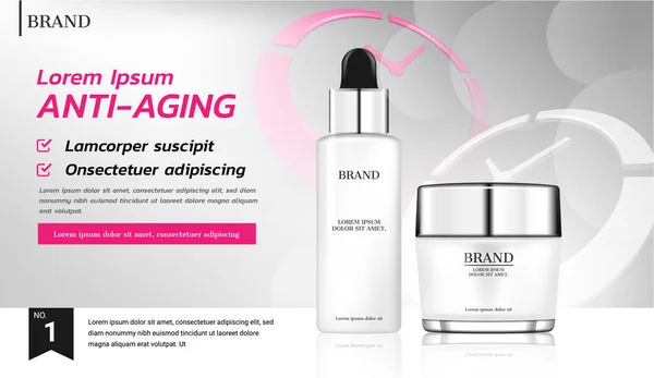 Gri arkaplanda saat simgeleriyle yaşlanma önleyici kozmetik seti