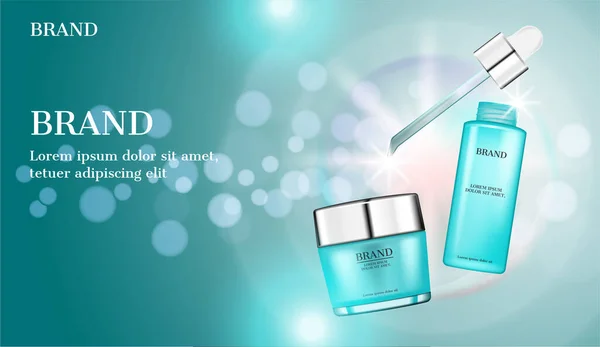 Mavi köpüklü arka planda serum ve krema ve parlayan ışık