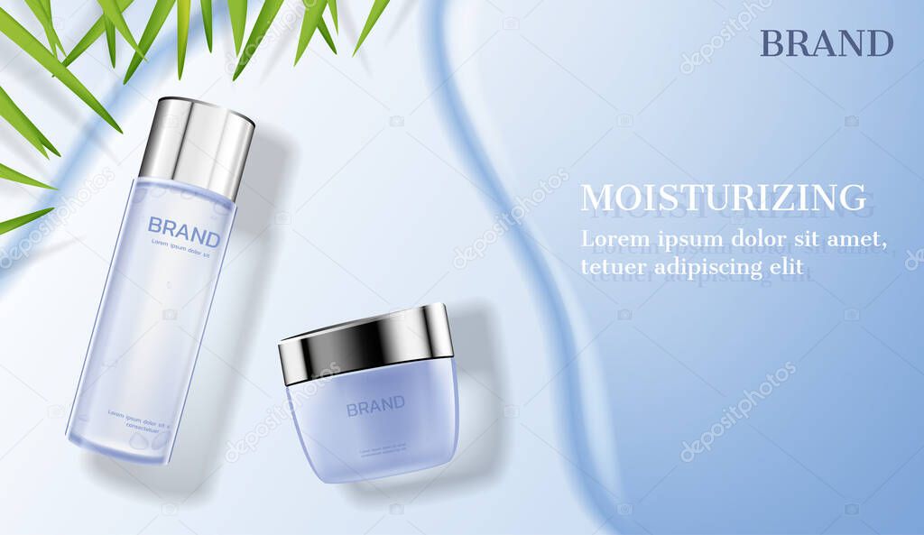 Cosmetic products on milk river with small leaves