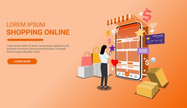 Perspektif vektör çizimi. çevrimiçi alışveriş afişi