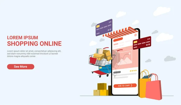 Online alışveriş perspektifi konseptinin iniş sayfası. Çantalı akıllı telefon ve açık mavi arka planda alışveriş arabası.