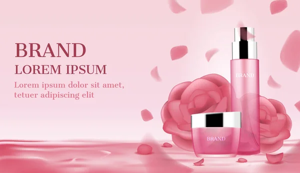 Rózsaszín Kozmetikai Termékek Rózsákkal Szirmokkal — Stock Vector