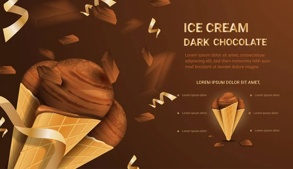 Des Annonces Glaces Crème Glacée Aux Cônes Chocolat Noir Sur — Image vectorielle