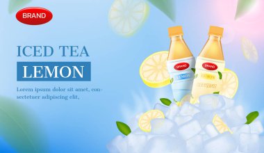 Buzlu çay reklamı. Buzlu ve limonlu çay şişesi