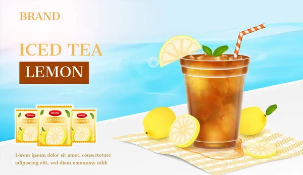 Zitronentee Anzeige Vorhanden Zitronenscheibe Mit Einem Glas Zitronentee Auf Strandhintergrund — Stockvektor