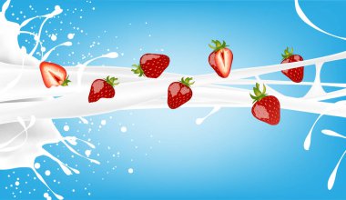 Mavi arkaplanda süt ve çilek sıçraması