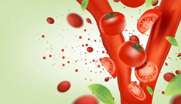Spritzender Tomatensaft Auf Grünem Hintergrund — Stockvektor