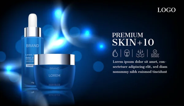 Kosmetikprodukte Mit Blau Leuchtendem Licht Auf Dunklem Hintergrund — Stockvektor