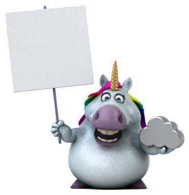 Bulutlu eğlenceli tek boynuzlu at - 3D İllüstrasyon