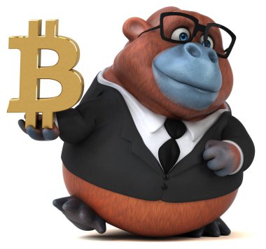 Komik karikatür karakter ile bitcoin - 3d çizim