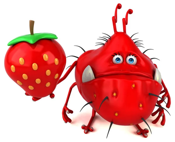 带有草莓的滑稽卡通人物 3D插图 — 图库照片