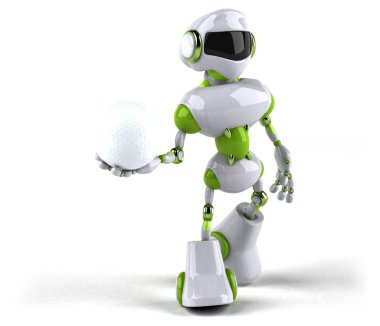 Komik robot karakteri ile topu - 3d çizim