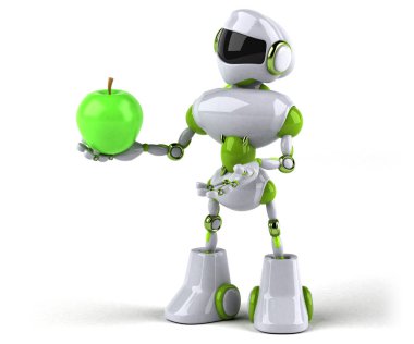 Komik robot karakter ile elma - 3d çizim