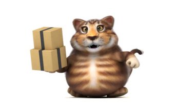 Eğlenceli kedi karakteri ile kutuları - 3d animasyon 