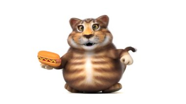 komik kedi çizgi film karakteri ile hotdog - 3d animasyon 