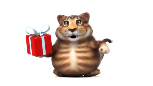 Lustige Zeichentrickfigur Katze Mit Geschenk Animation — Stockvideo