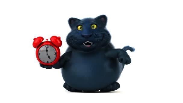 Rolig Katt Karaktär Med Klocka Animation — Stockvideo