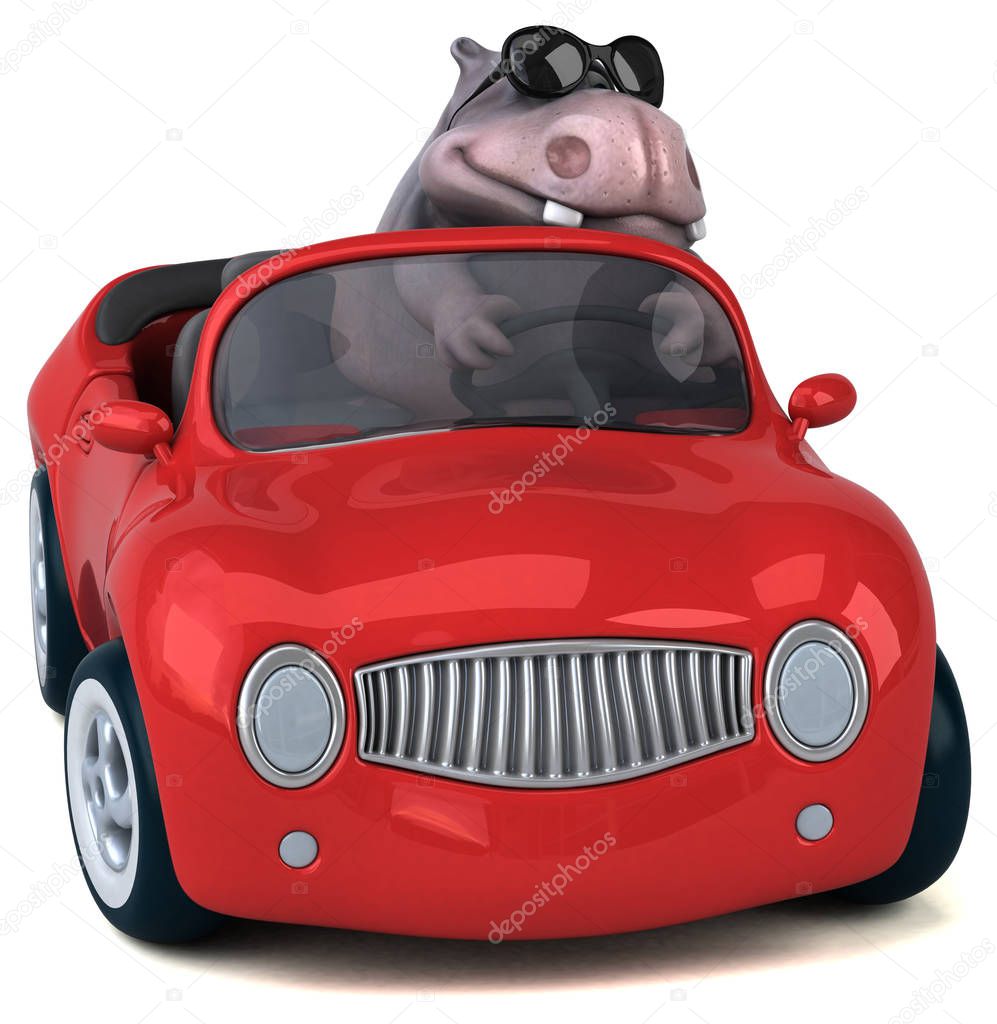 Fun cartoon character in car - 3D Illustration