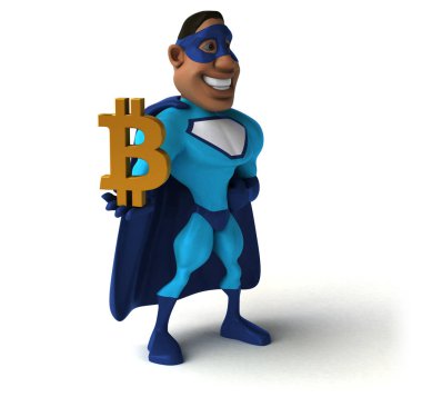Bitcoin ile eğlenceli süper kahraman - 3D İllüstrasyon